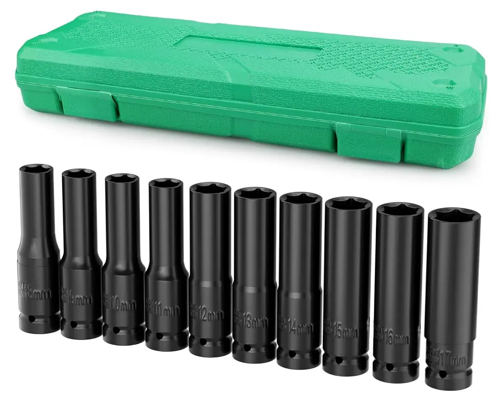 1/2" Drive Deep Impact Socket Set - 10-Piece Metric 6-Point Design Cr-V Steel (10mm-24mm) with Extension Bars, for Ratchets Drills, DIY Projects, Home Garage Mechanic Tool