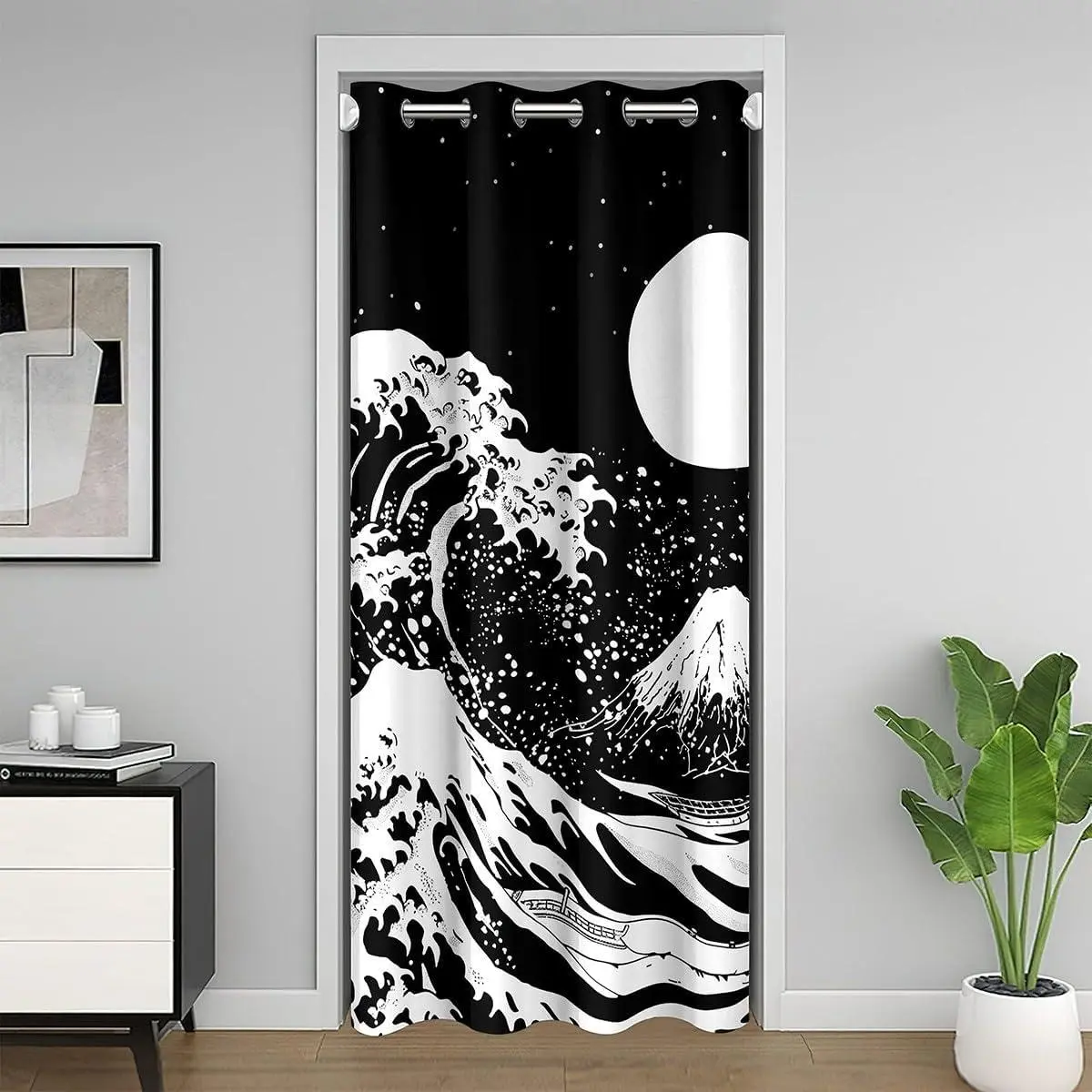 Moon Door Curtain Doorway Privacy,Ocean Waves & Mountain Fuji Pattern,Japanese Style Marine Coastal Nautical Theme Blackout Curtain,White & Black,1 Panel