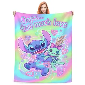 Stitch and Scrump Throw Blanket - Soft Flannel Blanket for Kids, "Oops... Too Much Love" Rainbow Gradient Design, Perfect for Bedroom Decor and Gifts