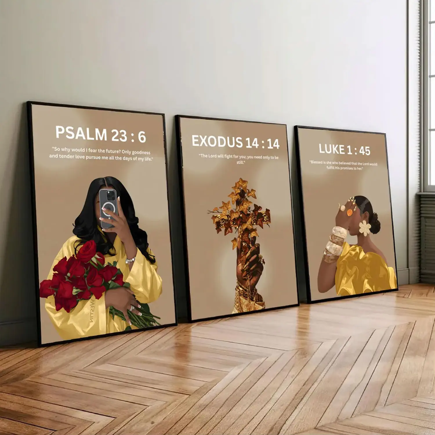 Set of 3 Black Christian Girl Wall Art, Scripture Print, Bible Verse Wall Art, Girl Room Decor, Christian Wall Print