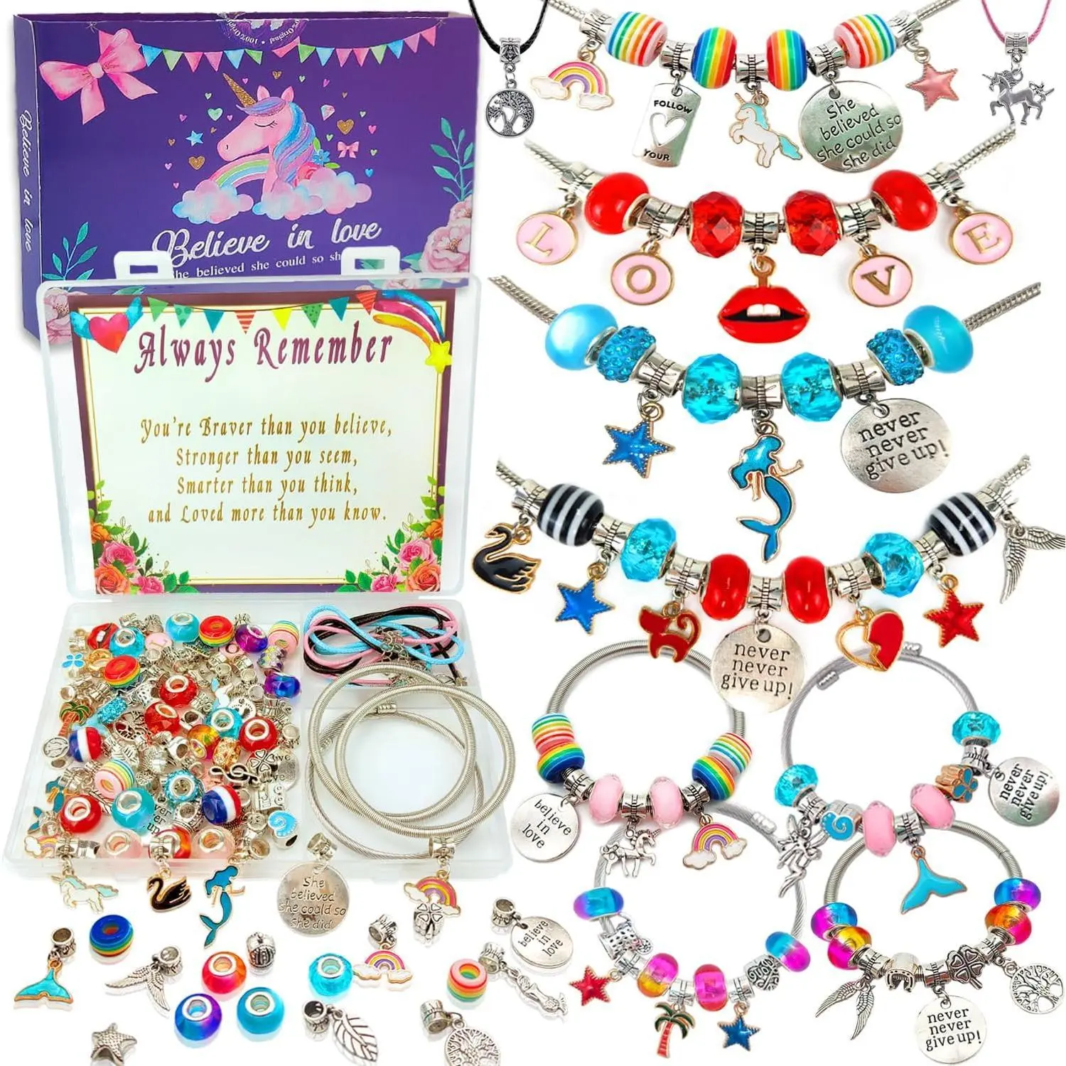 L-HDJ048 Unicorn Charm Bracelet Making Kit (1 Kit) for 5-12 Years Old Girls - Angel, Butterfly, Rainbow, Heart Beading DIY Craft Toy, Christmas, Holidays, Birthdays Gift, Beads Making