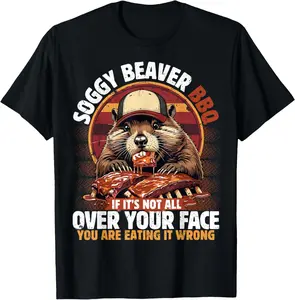 Men's Soggy Beaver BBQ Graphic T-Shirt - Pure Cotton, Natural, Round Neck, Short Sleeves, Fitness Appropriate Top, Gifts for Men