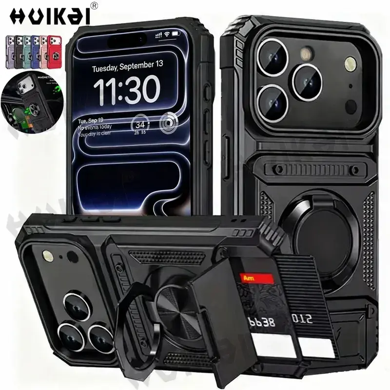 Case For iPhone 17 Pro Max 16 Pro 15 Pro Max 14 Card Holder Magnetic Rotated Ring Kickstand Layer Heavy Shockproof Wallet Covers Cellphone