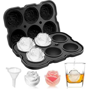 Ice Cube Tray,  2 inch Rose Ice Cube Trays With Covers, 6 Cavity  Rose Ice Ball Maker, Easy Release Large Ice Cube Form for Chilled , ,  & Homemade Juice Black