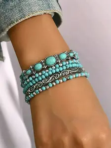 Western cowboy style retro Turquoise imitation bracelet set, 5 pieces of elastic cord jewelry, trendy stack bangle, suitable for everyday wear, vacation dates, and other occasions, and also makes a delightful and exquisite small gift.