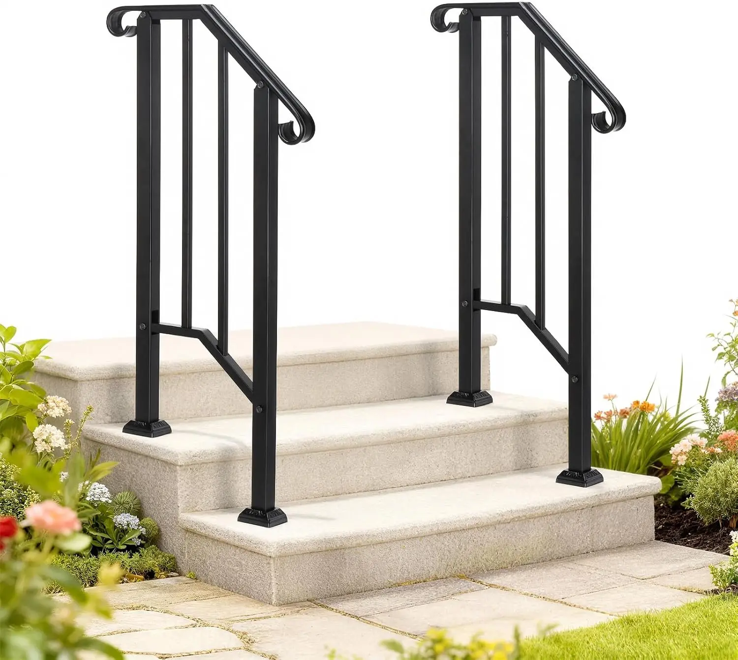 VINGLI 2 Pack Handrails for Outdoor Steps, Stair Handrail Kit Fits 1 to 5 Steps, Wrought Iron Hand Rail with Curved End & Balusters, Stair Railing for Deck/Porch/Indoor Steps