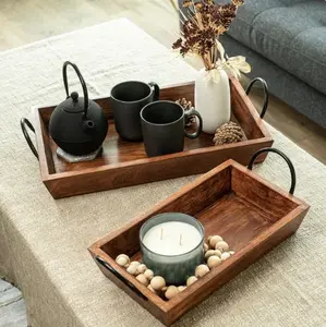 Wooden Serving Tray Set with Handles, Set of 2 Large & Small Ottoman Trays, Handcrafted Decorative Tray Set, Kitchen Decor Trays, Matte