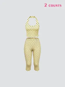 Women's 2 Pack Polka Dot Workout Set, Halter Crop Tank & High Waist Capri Leggings, Tummy Control Yoga, Butt Lifting Activewear