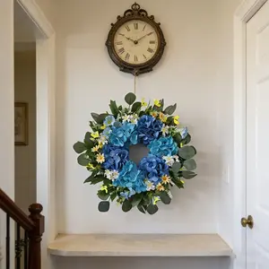 Coastal Blue Hydrangea Wreath, Vibrant Blue Flowers with and Floral Accents, All-Season Porch and Entrance Decoration, Artificial Flower Wreath