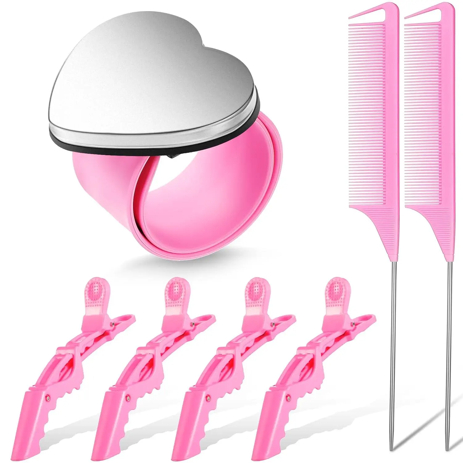 Hair Braiding Tools 7 Pieces Set Including Magnetic Pin Wristband, Stainless Steel Rat Tail Combs, and Wide Teeth Alligator Sectioning Hair Clips (Pink)