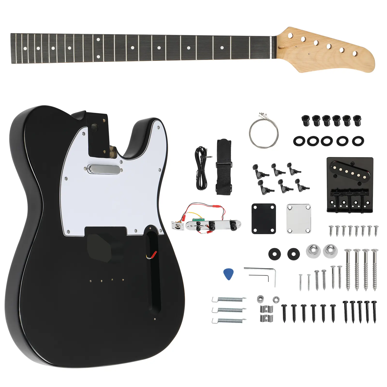 DIY Right Hand 6-String TL-Style Solid Mahogany Body Electric Guitar Kit - Maple Neck, Black Finish, 3-Way Switch, Guitar Pick, Copper Foil Paper, 1x Wrench Tool, Amplifier Wire, 15.9x12.9x1.65in, Easy No-Welding Installation, Gift Ideas for Music Lovers