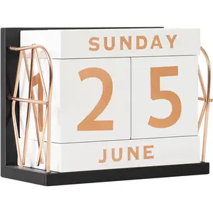 Wooden Perpetual Block Calendar for Desk, Rose Gold Daily Desktop Desk Calendar, Modern Farmhouse Aesthetic Desk Accessories for Home Office Decor, Teacher, Classroom, Reusable Yearly