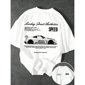 180gLucky Street Aesthetics Car Graphic Tee| White Oversized T-Shirt| Black SPEED Sports Car Print| Soft Cotton Casual Streetwear| Trendy Y2K Auto Fashion 2026| Daily Retro Vehicle Outfit