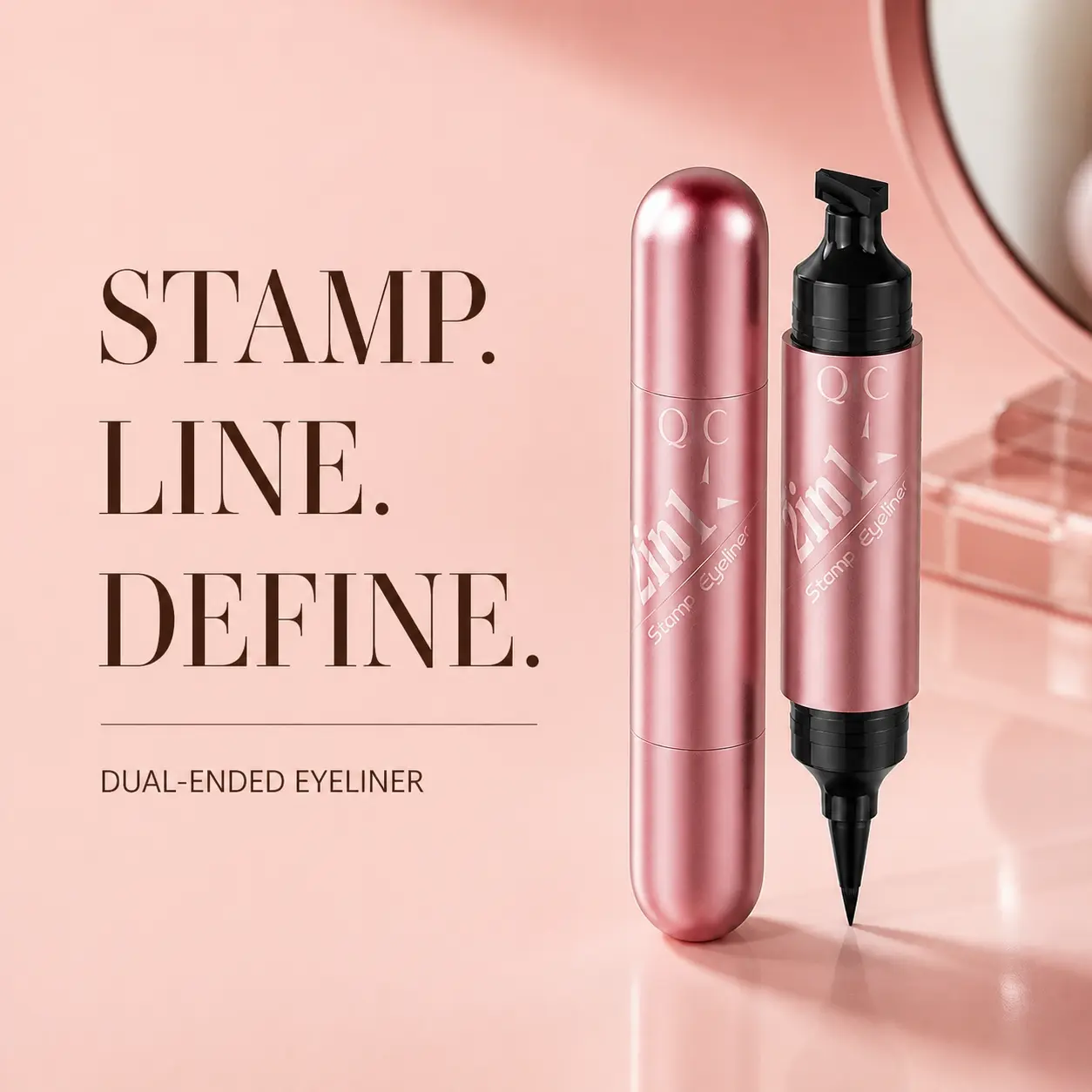 QIC Dual-Ended Stamp Eyeliner Pen, Wing Stamp and Fine Liner, Black, 2 ml + 2 ml