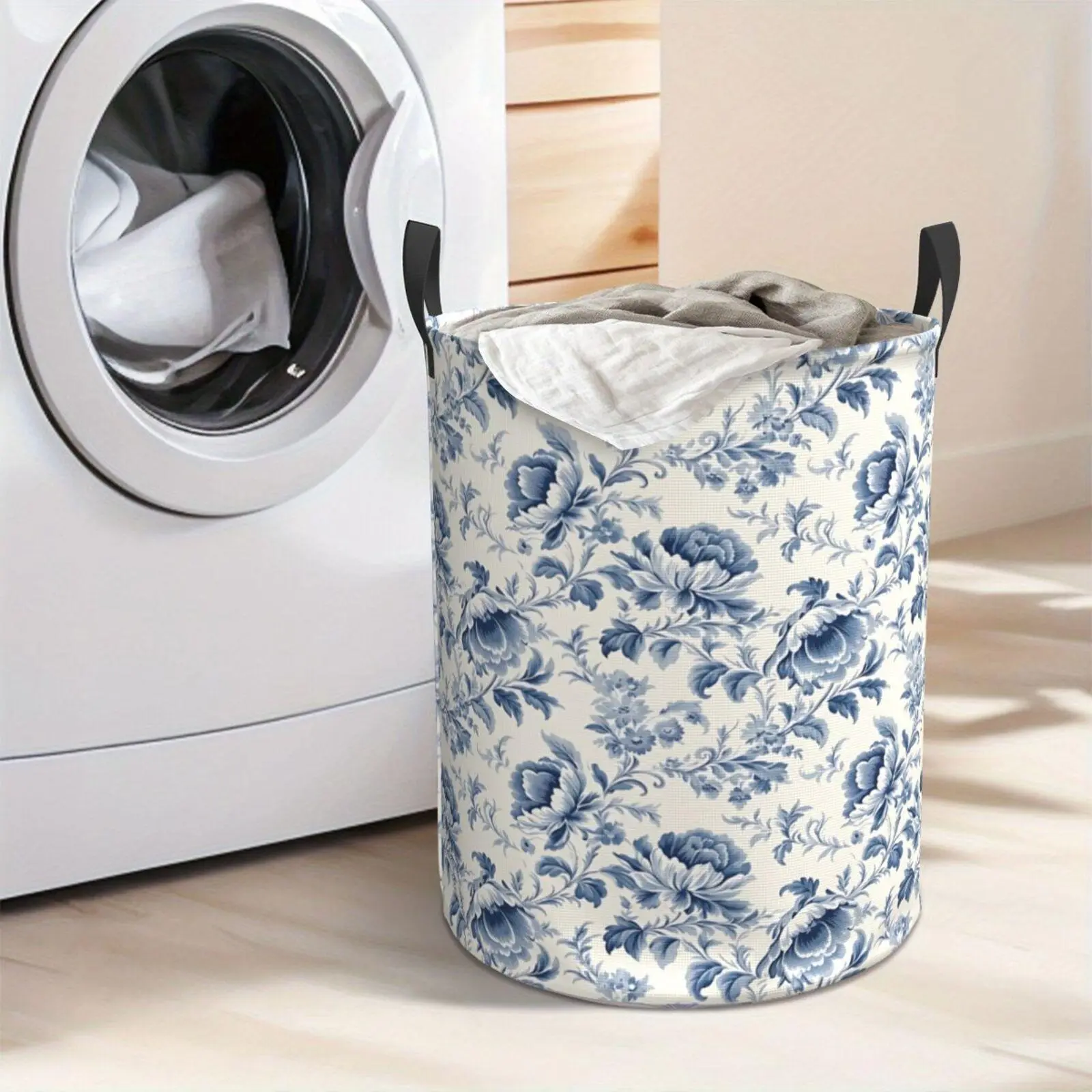 Blue Floral Print Laundry Hamper  Portable Storage Hamper with Sturdy Handle， Oxford Cloth， Easy to Store and Collapsible Design， Laundry Baskets