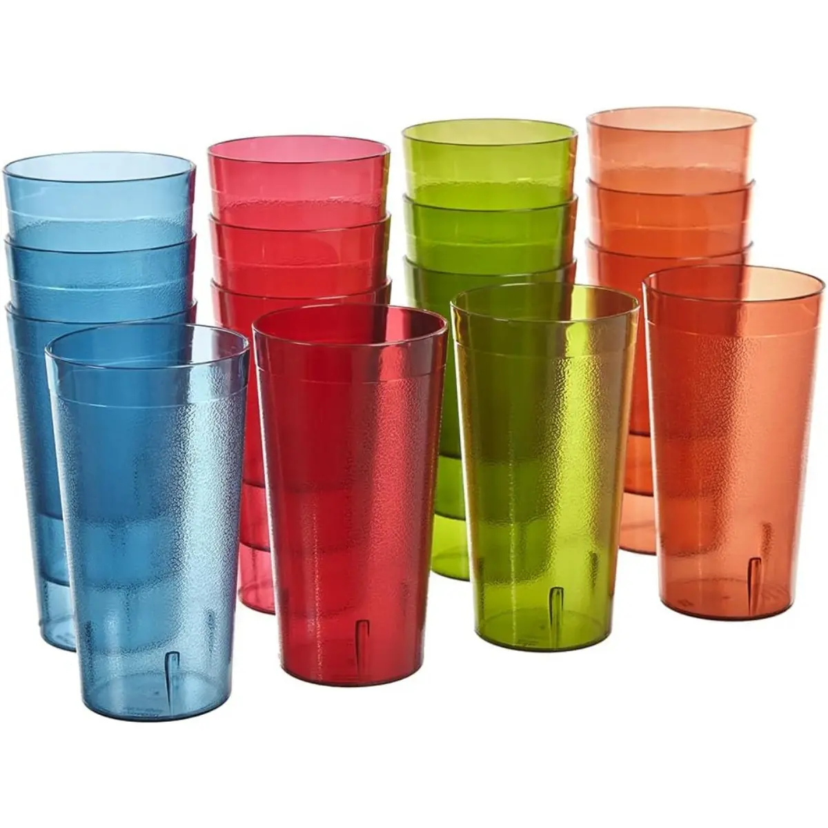 Cafe Plastic Reusable Tumblers (Set of 16) 20-ounce Water Cups Assorted Colors | Restaurant Style Drinking Glasses Value Set, Stackable, BPA-free, Made in the USA | Top-rack Dishwasher Safe