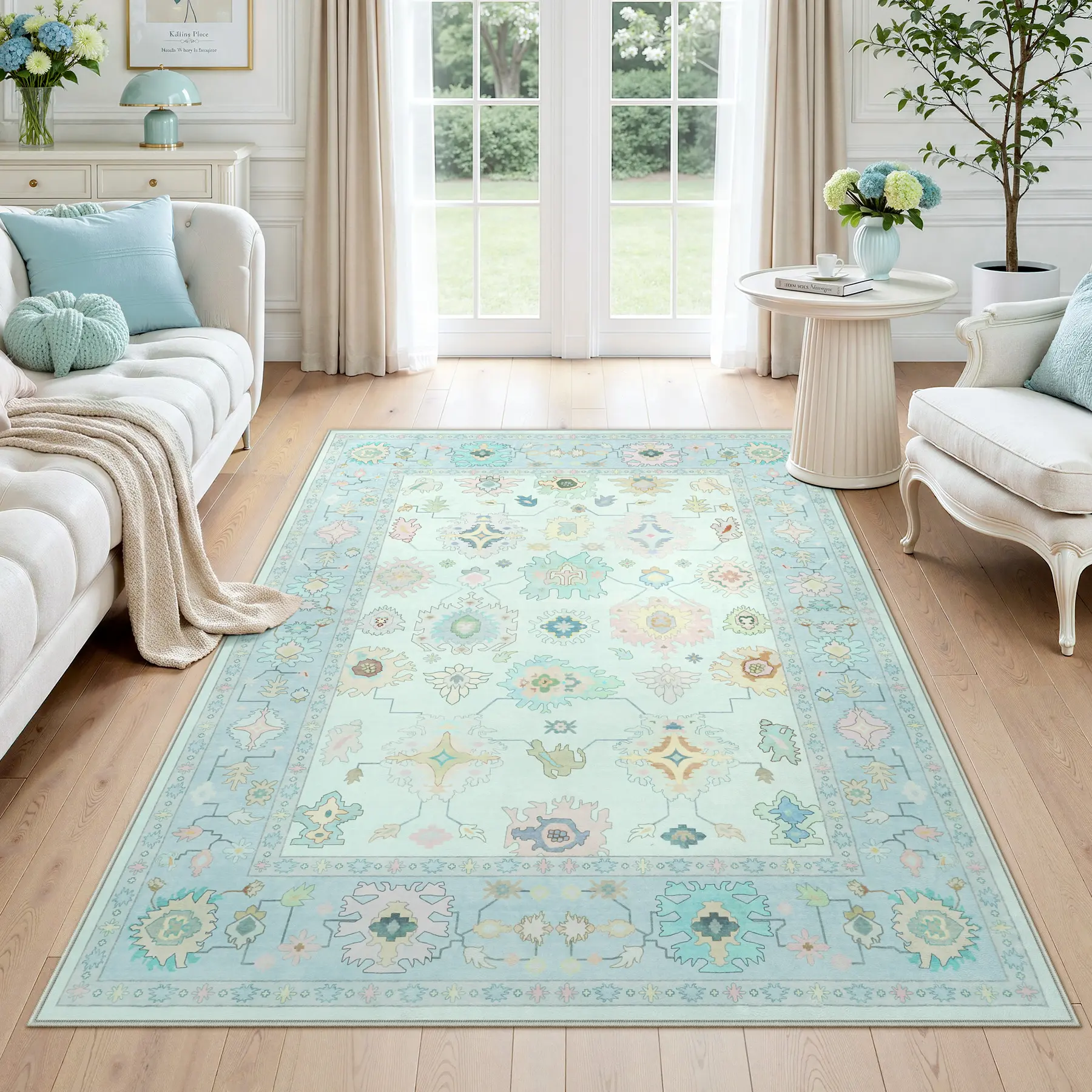 Tribesigns Boho Oushak Area Rugs, Colorful Washable Non-Slip Rugs, Oriental Floral Soft Ultra Thin Indoor Carpet