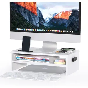 Wooden Monitor Stand Riser, 2-Tier Desk Shelf with Storage Organizer, Ergonomic Computer Stand with Cable Management, Cellphone Holder, White, 16.5 Inch