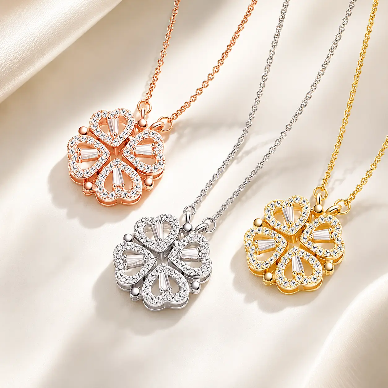 Magnetic Foldable Four Leaf Clover Heart Pendant Necklace, Y2K Sparkling Rhinestone Jewelry, Freak Gifts for Her, Women’s Fashion Accessories Adjustable Chain Necklace