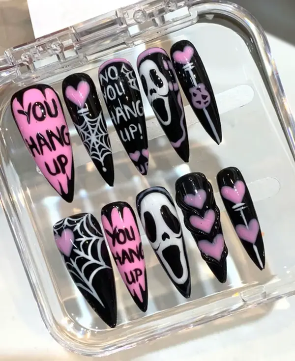 Spooky Cute Scream Ghostface Halloween Press On Nails | Pink & Black Long Stiletto Fake Nails 3D Hearts, Spiderwebs & "You Hang Up" | Y2K Kawaii Goth False Nails | Custom Handmade Gel Acrylic Manicure Set Reusable Trendy Nail Art For Women