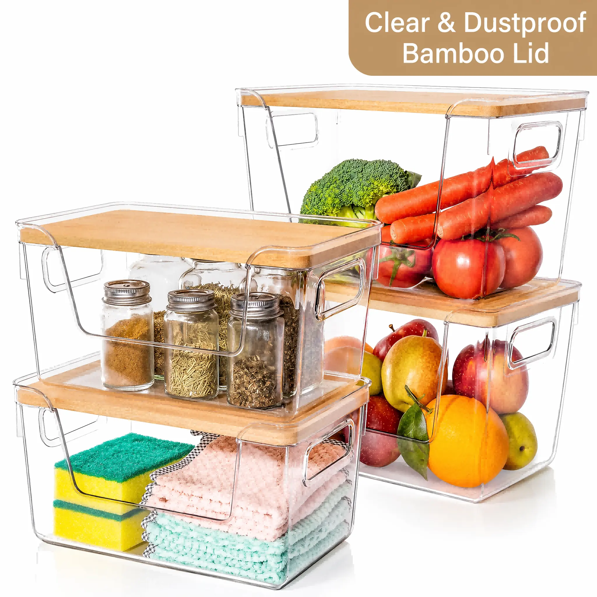 Rectangular Transparent Plastic Storage Boxes with Bamboo Lid, 2-3 Pack Multi-Size Options, Smooth Dustproof Bins with Side Handles, Stackable Space-Saving Household Organizer for Home Cooks, Fridge & Kitchen Cabinet Use