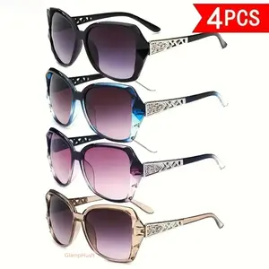 4-Piece Y2K Retro Large Frame Sunglasses, Hollow Temple Sun Protection Eyewear for Beach, Travel & Outdoor Activities