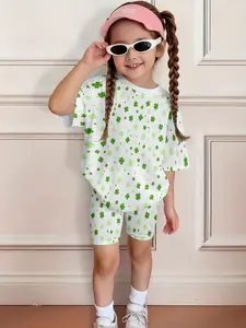Girls' Summer Gradient Clover Print Short Sleeve Set, Casual Fitted Trendy Clothing, All over Print