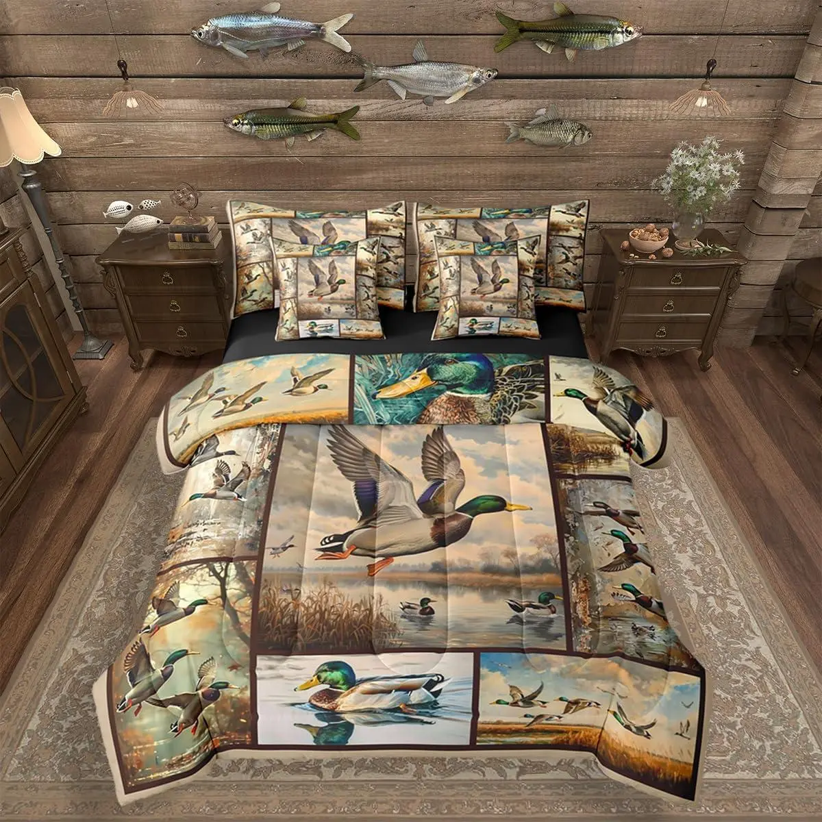 Mallard Duck 7 Pieces Bedding Set,Country Cabin Woodland Duck Comforter Bed Set with Sheets,Kids Teen Adult Patchwork Wild Animal Bed Bag,Rural Rustic Bed Set, Bed Sheets