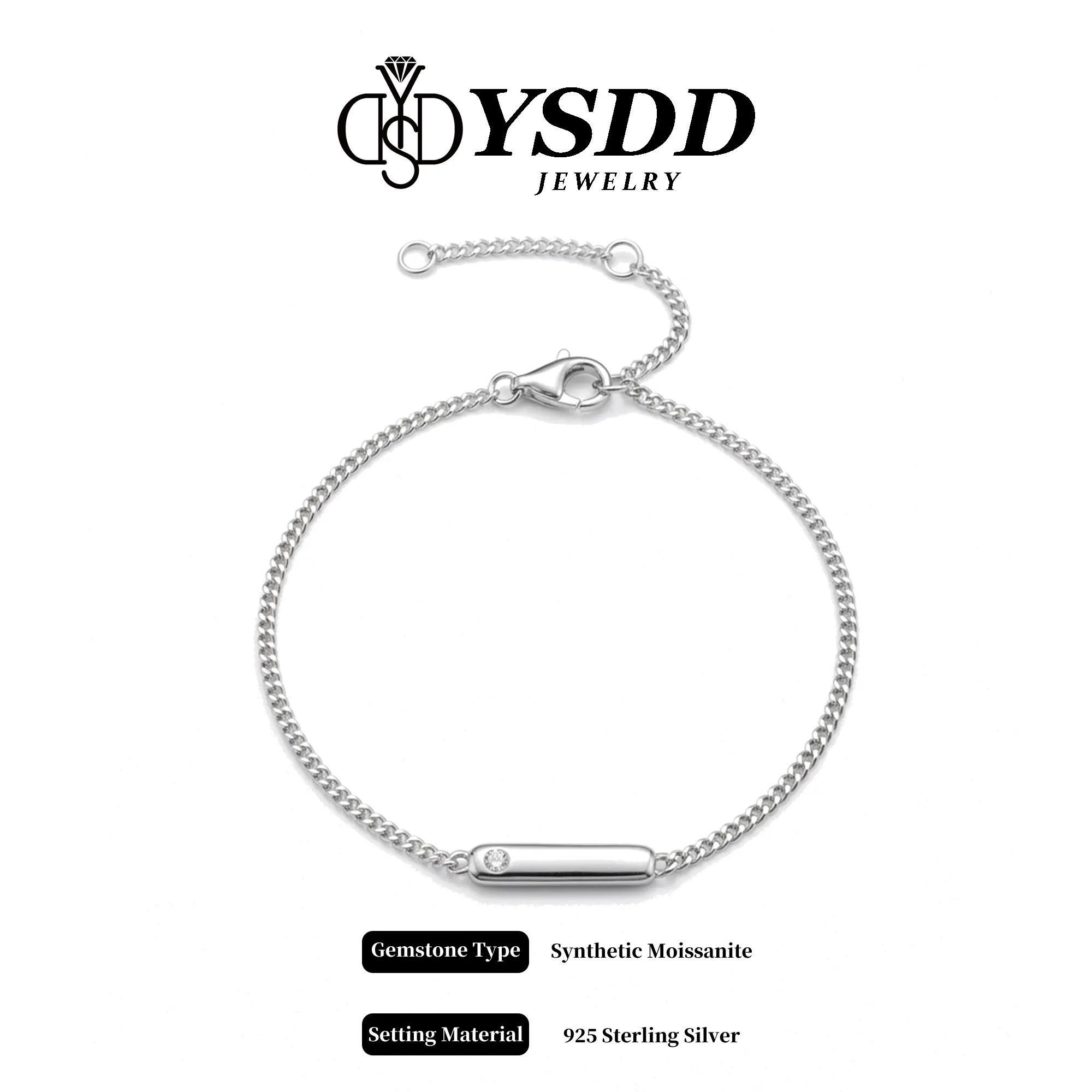 【#704】Engravable Bar Chain Bracelet 16+4cm vvs Synthetic Moissanite Bracelet in 925 Sterling Silver