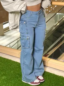[Plus Size] Flap Pocket Cargo Jeans, Fashion Casual Fit Button Denim Trousers for Daily Outdoor Wear, Women Plus Clothing for All Seasons