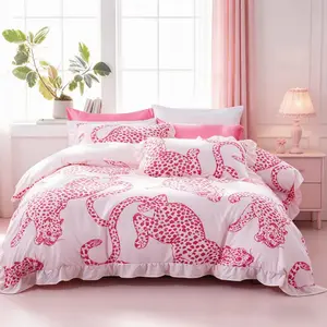 3-Piece Pink Leopard Print Ruffled Duvet Cover Set.Sexy & romantic bedroom decor, breathable and comfortable Printed Bedding Set. Includes duvet cover and pillowcases, no filling. Perfect all-season gifts for holidays and birthdays.