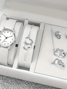 Ladies' watch with a stylish steel strap, minimalist and trendy quartz jewelry watch set