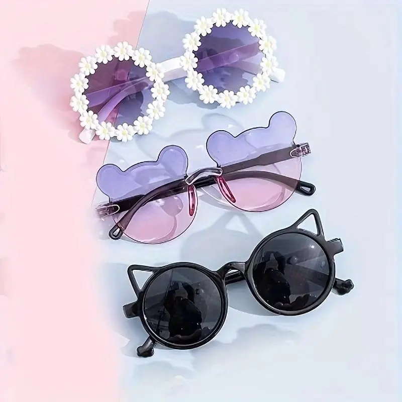 Kids' 3-Piece Sunglasses Set - Cat-Eye, Bear-Ear & Flower Designs for a Playful Look, UV400 Lens for Sun Protection, Prop 65 Safe, Floral, Fun And Protective, Junior, Girly, Casual, Fashion, Party, Cute, Boys And Girls, Plastic Frame