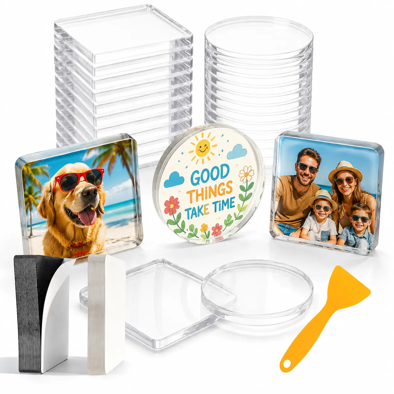 10-packs DIY Acrylic Fridge Magnets with Adhesive Backing - Clear Square & Round Photo Magnetic Frames for Pictures, Artwork & Crafts - Home Supplies for Kitchen, Classroom, Office & Gifts