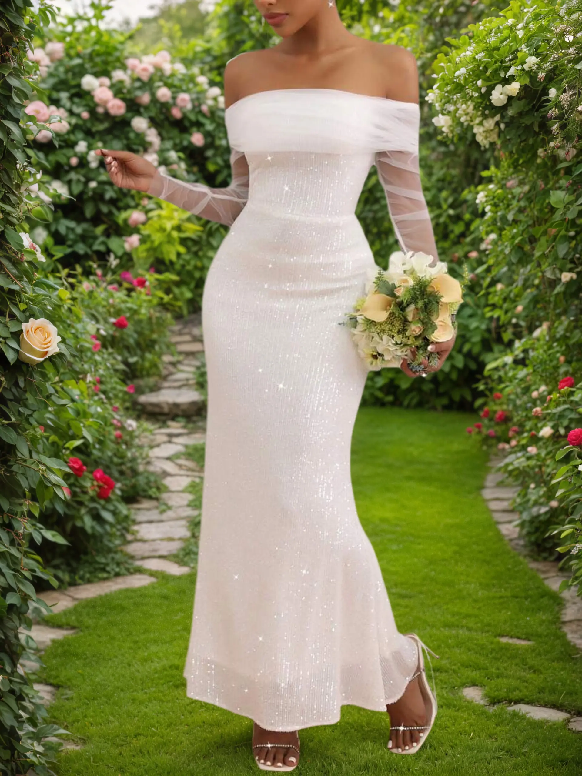 Elegant One-Shoulder Beaded Mermaid Wedding Dress - Long Sleeve Slim Fit Bridal Gown with Illusion Mesh for Weddings and Special Occasions White Sequin Womenswear