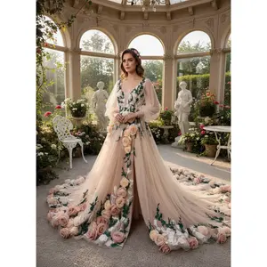 Courtney Champagne Wedding Dress with 3D Flowers, Garden Themed Wedding Dress, Custom 3D floral wedding dress, Custom Floral Gown