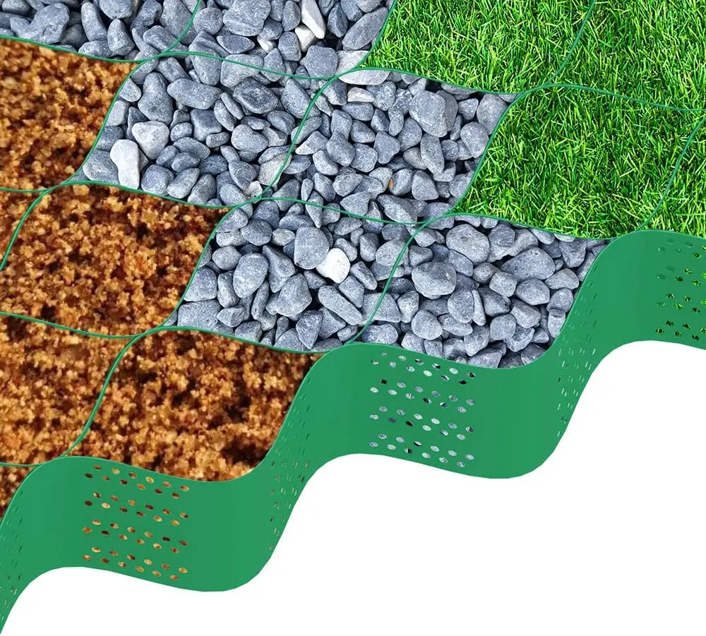 YUEWO Geo Grid Ground Grid 2 Inch (9x17FT) 155 sq ft Geocells Cellular Confinement System Geo Cell Grid Paver for Gravel Stabilizer for Light Duty Traffic Areas Foot Traffic with 30pcs Buckles