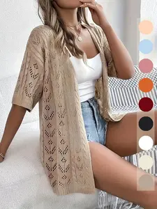 Summer Short Sleeve Hollow Knit Cardigan for Women Lightweight Open Front Kimono Cardigan Casual Chic Loose Beach Cover Up for Spring Daily Vacation Knitwear
