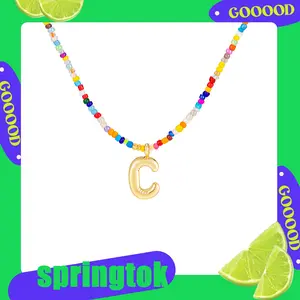 KINHOPI Colorful Initial Necklaces for Women Handmade Beaded Beachy Dainty Cute Trendy Jewelry Set Adjustable 15 inch+2 inch Chain Golden Letter Pendant Summer Necklace Gifts for GF