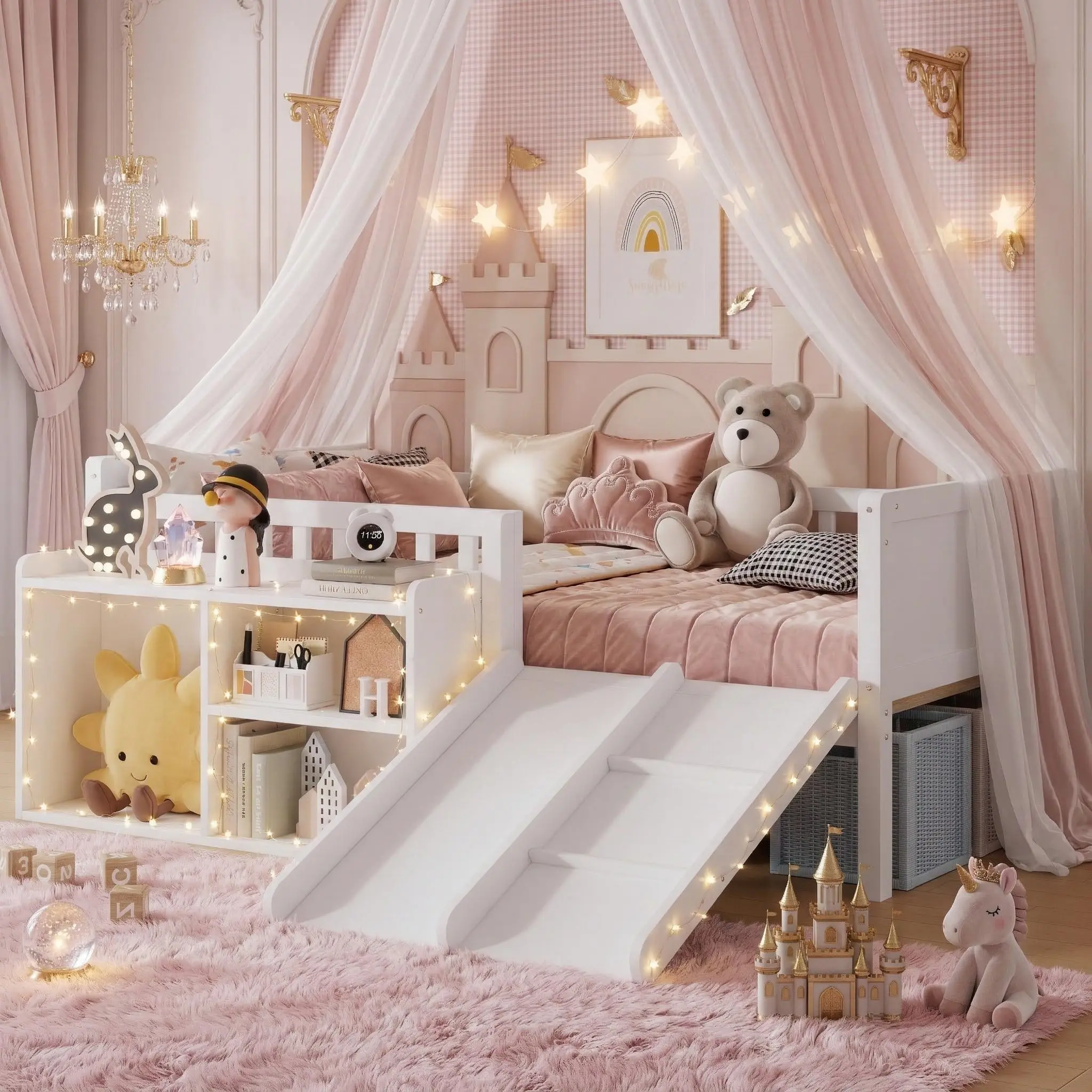 AURNIENOFUS Twin Size Solid Wood Low Loft Bed for Kids - Loft Bed with Play Structure, Child-Friendly, Slide, Ladder, Movable Bookshelf Storage, Safety Guardrails, No Box Spring Needed, Easy Assembly Children's Furniture, Loft Bed With Play Structure Beds
