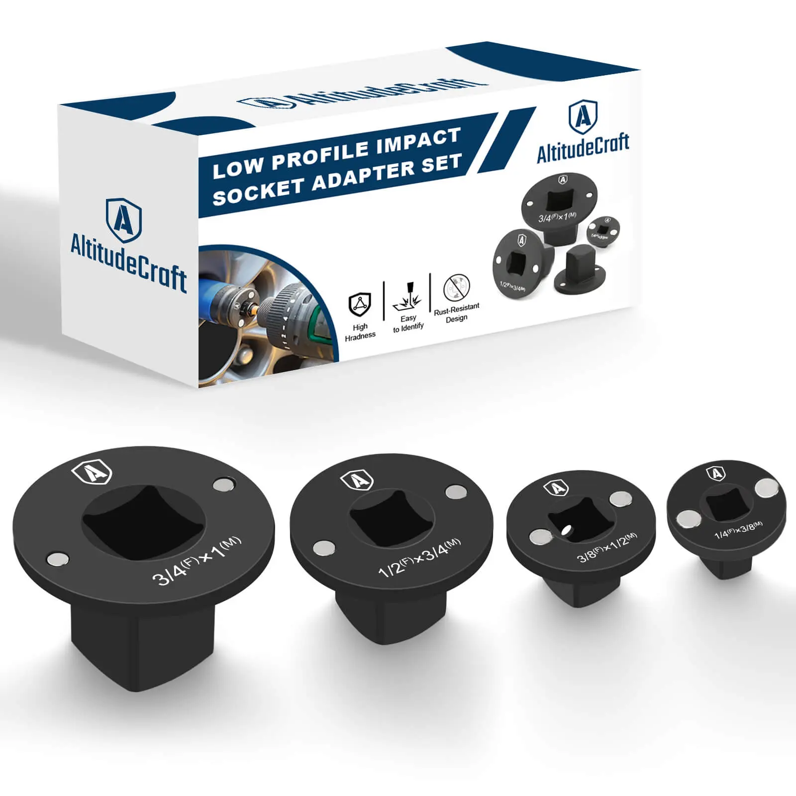 Altitudecraft Low Profile Impact Socket Adapter Set – 4PC Mechanic Tools Kit with Ratchet Mechanism Standard, Magnetic Socket Standard, for Tight Spaces: 3/4" to 1", 1/2" to 3/4", 1/2" to 3/8", 1/4" to 3/8",father'sdaygifts