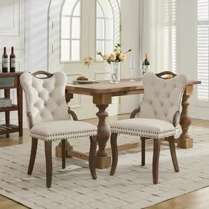 Velvet Dining Chair Set of 2 - Handmade Tufted Trim, Solid Wood Top and Side Handles, Vintage Copper Nail Decor, Curved Solid Wood Legs, Elegant Design