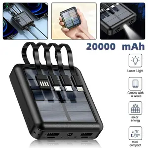 Small Black Solar Charger Power Bank, 20000mAh Solar Power Bank with Built in 4 Cables, USB C Input/Output, Battery Portable Charger Power Bank for CellPhones, Tablets, Electronic Devices