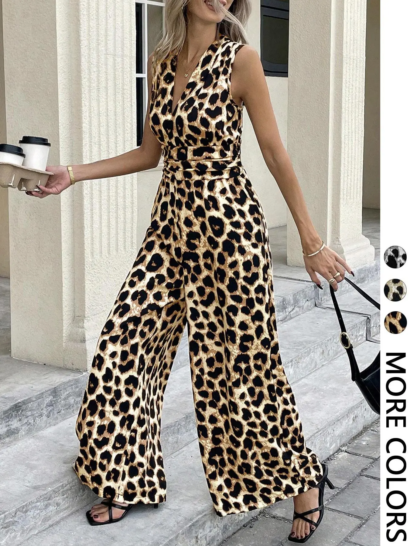 Women's Deep V Neck Sexy Casual Commuter Ruched Elastic Waist Leopard Print Sleeveless Jumpsuit, Slim-Fitting All-Seasons