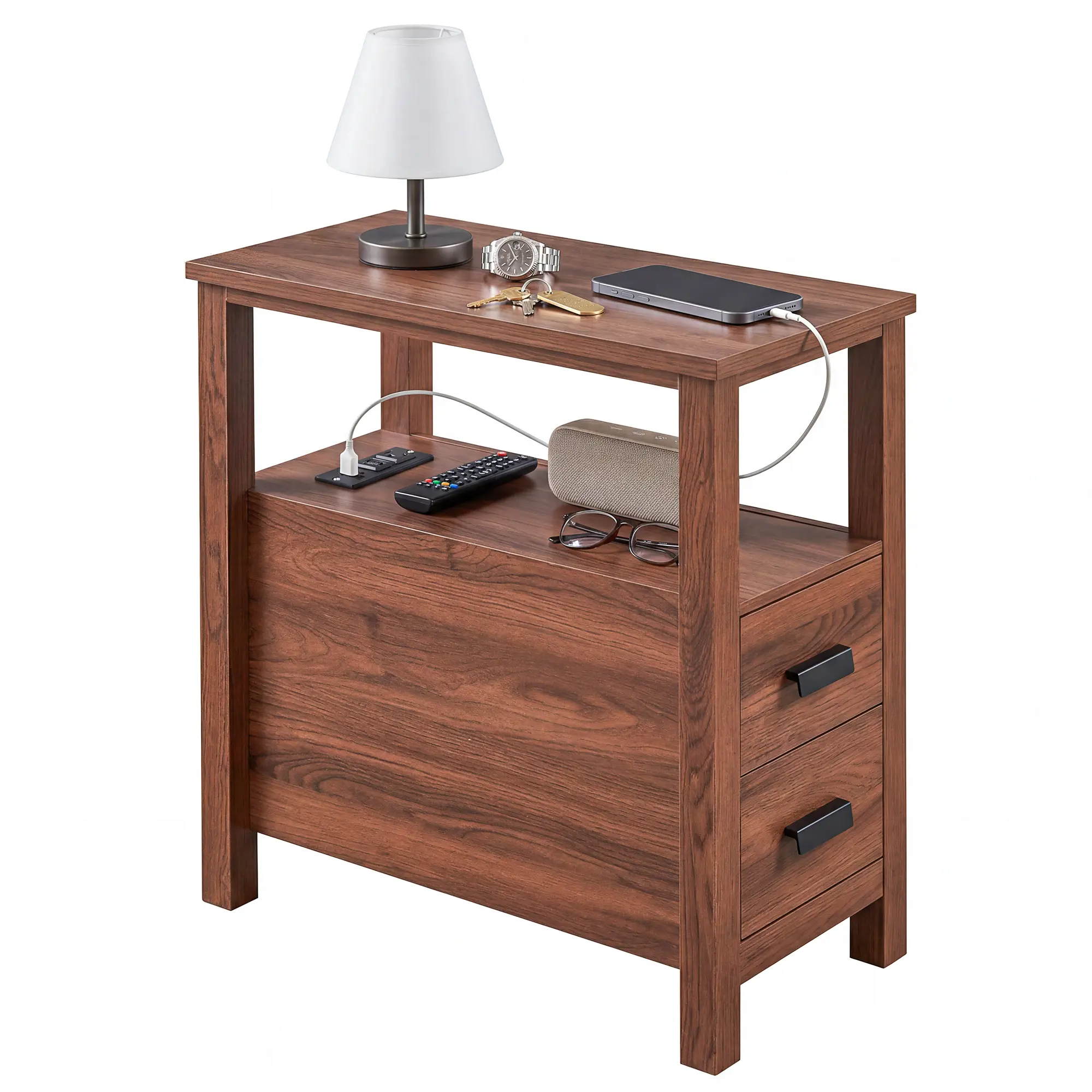 End Table with Charging Station, Side Table with USB Ports & Outlets, Nightstand with 2 Drawers, Small Wood Bedside Table, Rustic Modern Side Table for Bedroom, Living Room, Space Saving Furniture