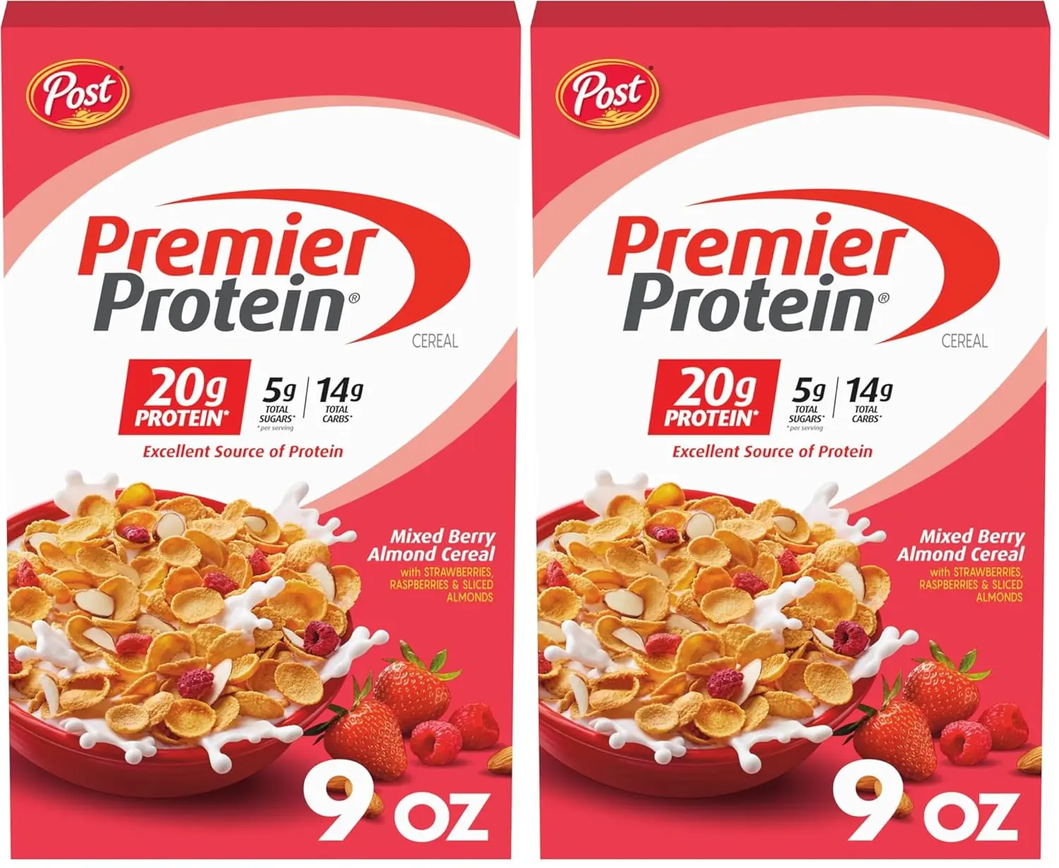 Premier Protein Mixed Berry Almond cereal, high protein cereal, protein-rich breakfast or snack made with real berries and almonds, 9 Ounce -  (Pack of 2)