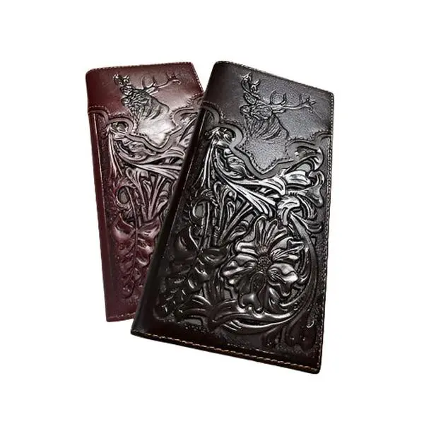 Men's Premium Full-Grain Leather Bi-Fold Long Wallet - Floral Embossed Deer Buck Western Symbols, Artisan Crafted, Checkbook Slot, Animal Motif Design, Gift Idea
