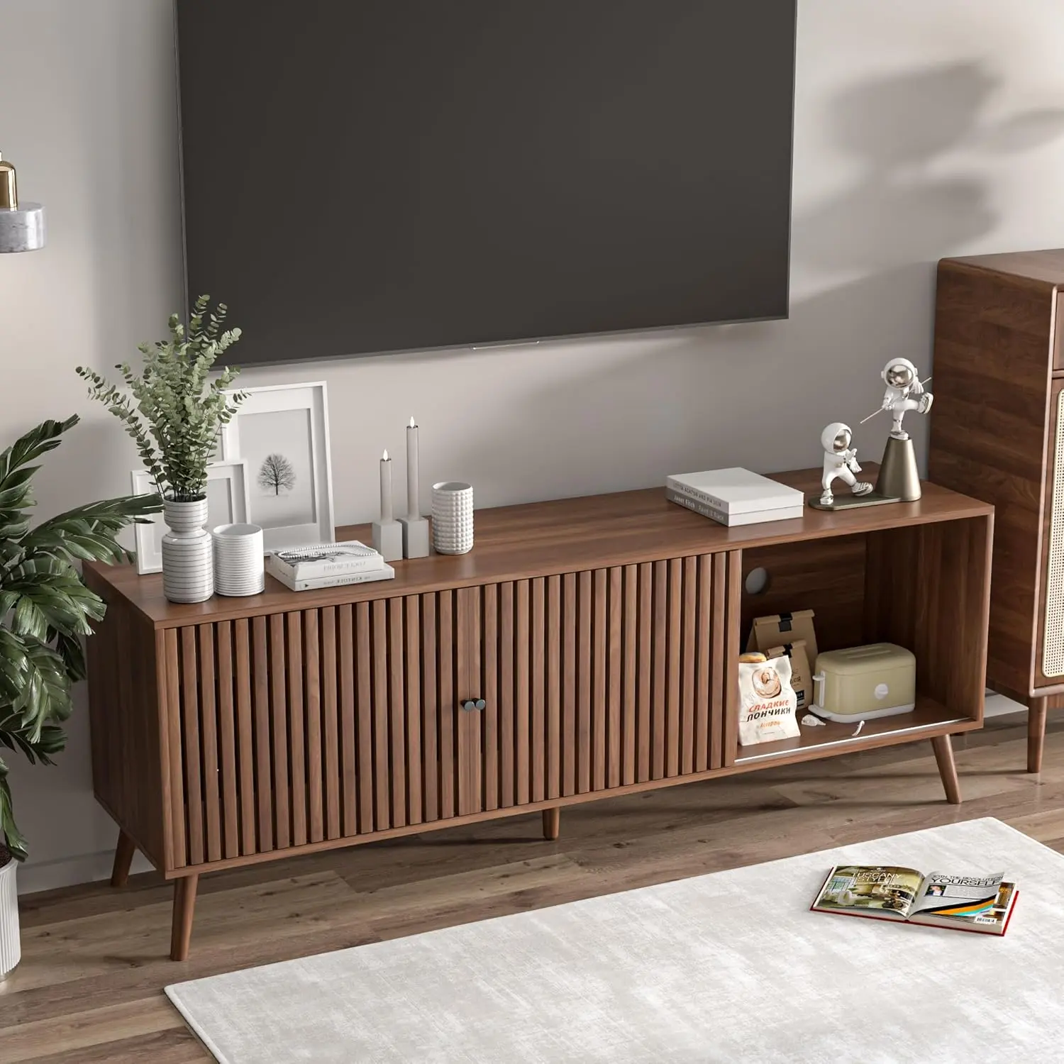 Modern TV Console Table Furniture, Living Room Entertainment Center with Storage Cabinet and Open Shelves for 55/65/70 Inch TVs, Wood Tv Stand, Tv Shelf