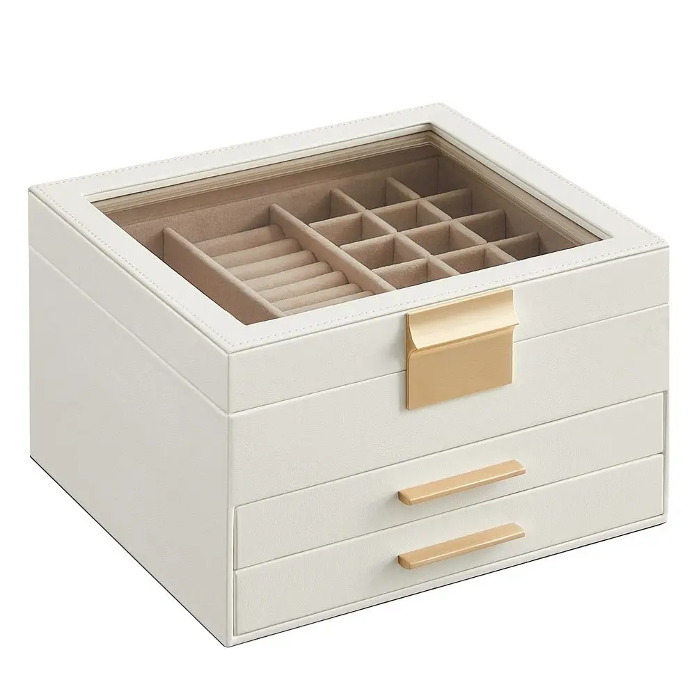 SONGMICS GISELLA Collection - Jewelry Box Organizer with Glass Lid, 3-Layer Jewelry Storage, with 2 Drawers, Modern Style