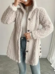Women's Fall Winter Jacket Coat, Warm Fashion Embroidered Hooded Long Sleeve Outerwear, Casual Plain Fitted Design, No Pockets